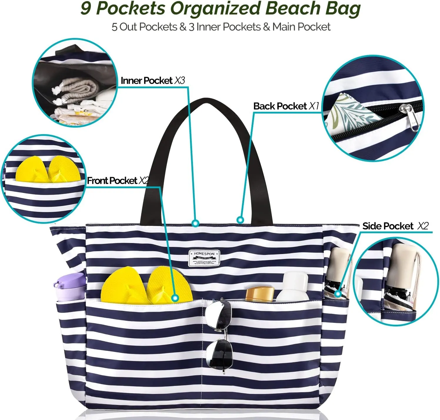 HOMESPON Large Waterproof Beach Bag for Women Sandproof Tote Bag Pool Bag with Zipper and Pockets for Travel Vacation Gym