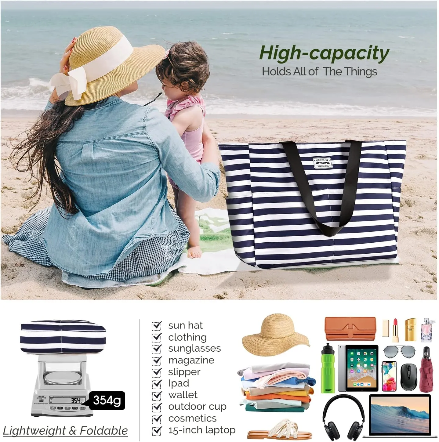 HOMESPON Large Waterproof Beach Bag for Women Sandproof Tote Bag Pool Bag with Zipper and Pockets for Travel Vacation Gym