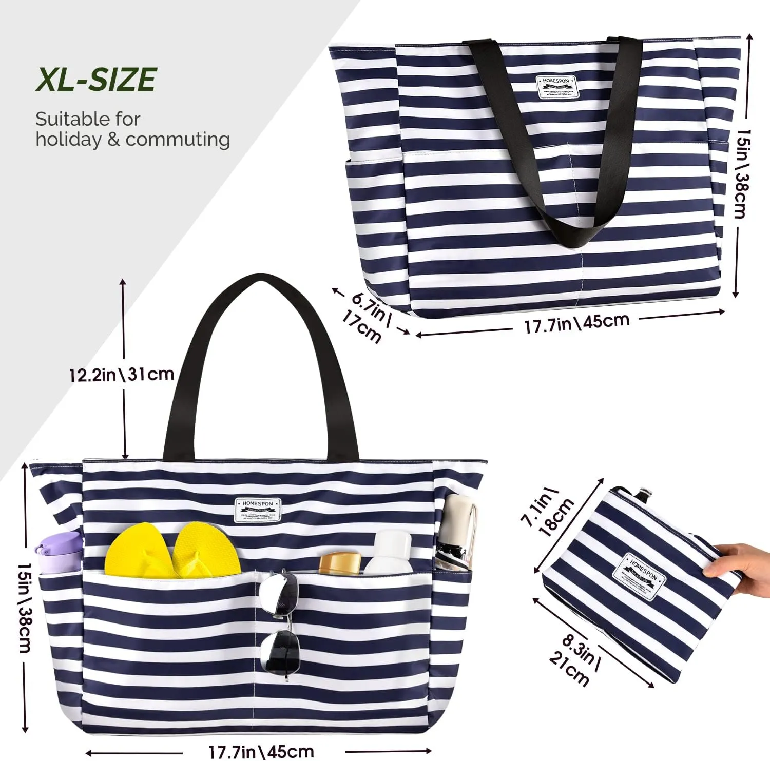 HOMESPON Large Waterproof Beach Bag for Women Sandproof Tote Bag Pool Bag with Zipper and Pockets for Travel Vacation Gym
