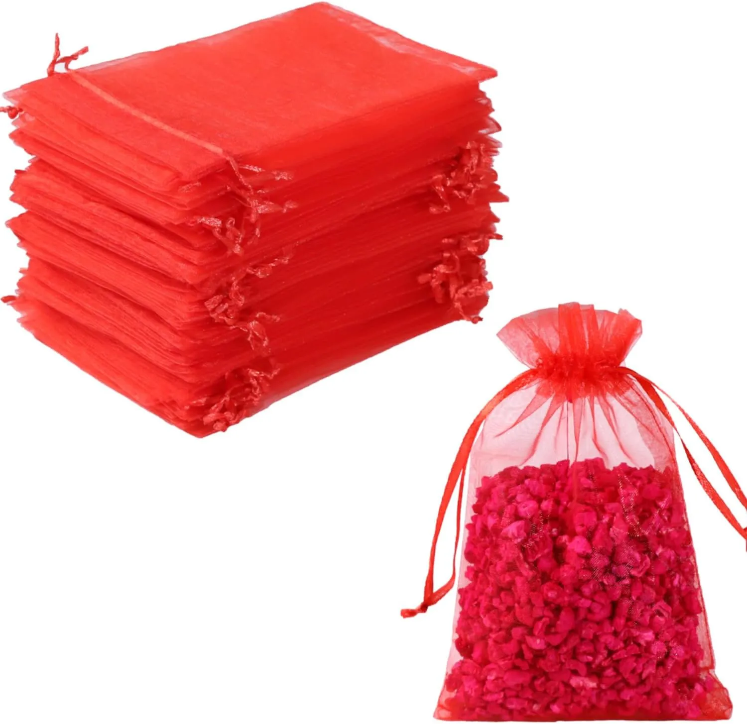 Hopttreely 100pcs Organza Bags, 4 x 4.72 inches Red Christmas Wedding Favors Christmas Gift Drawstring Bags Jewelry Pouches