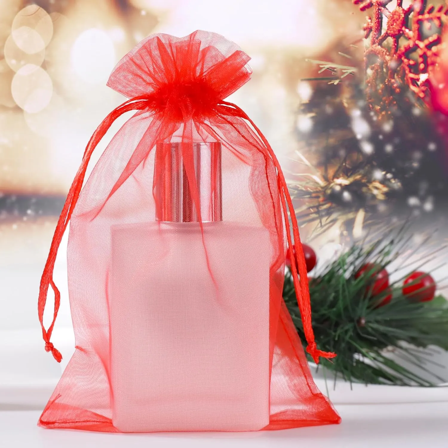Hopttreely 100pcs Organza Bags, 4 x 4.72 inches Red Christmas Wedding Favors Christmas Gift Drawstring Bags Jewelry Pouches