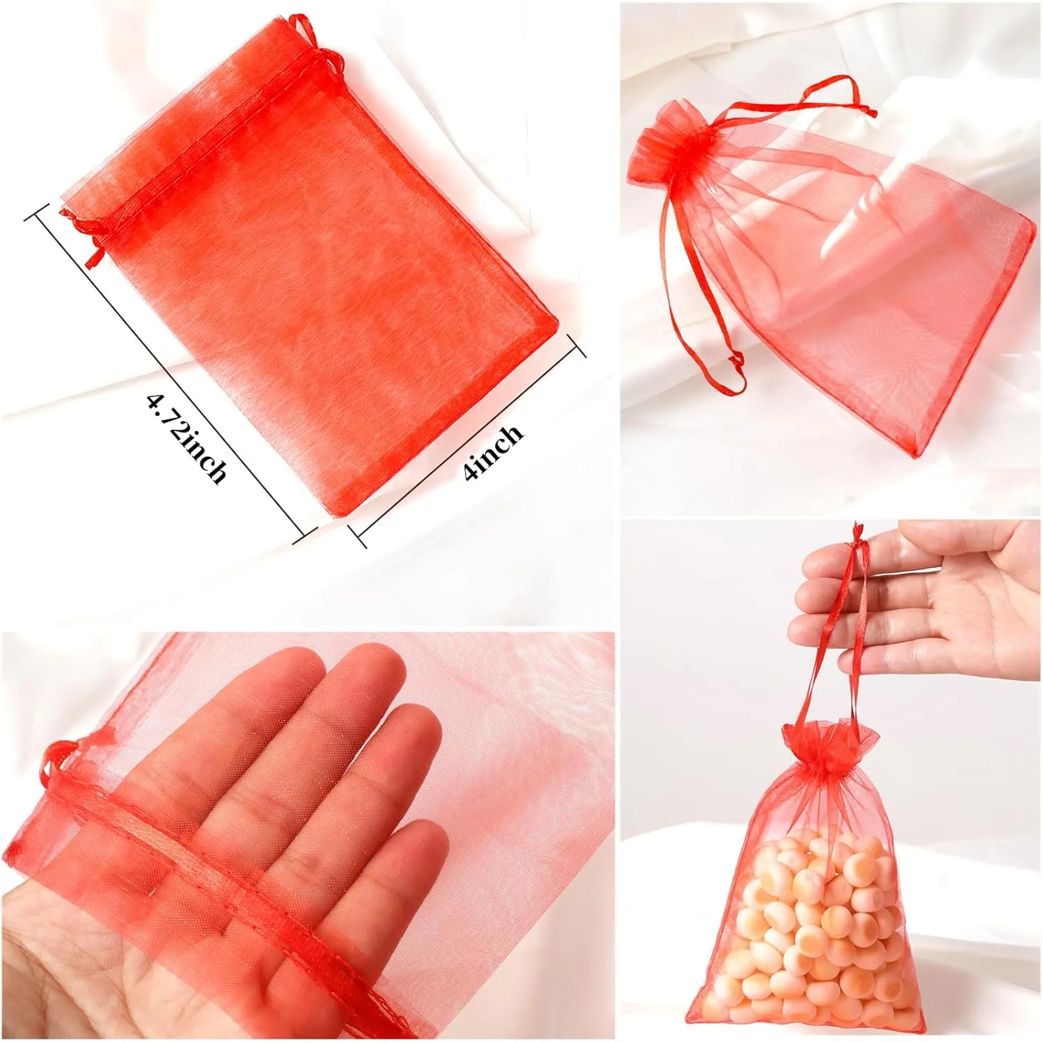Hopttreely 100pcs Organza Bags, 4 x 4.72 inches Red Christmas Wedding Favors Christmas Gift Drawstring Bags Jewelry Pouches