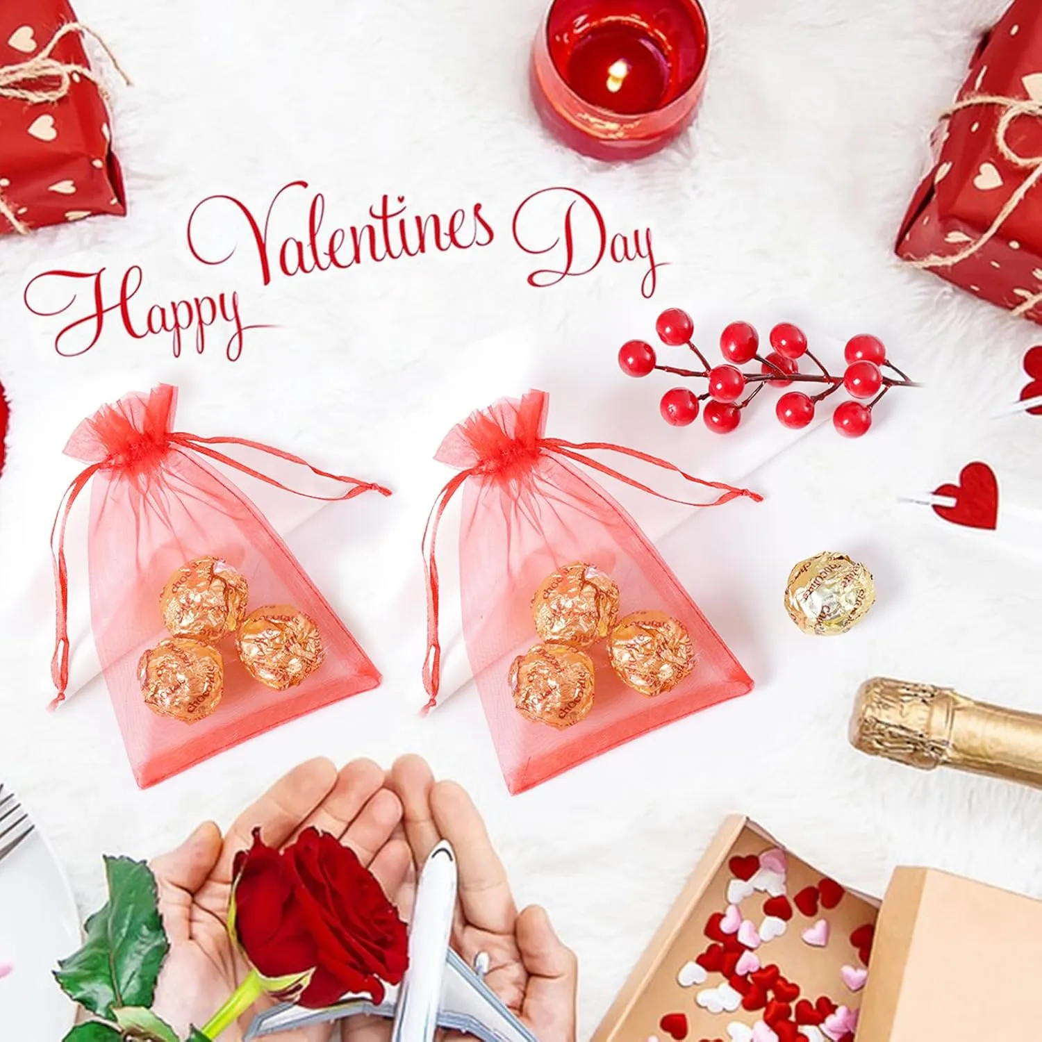 Hopttreely 100pcs Organza Bags, 4 x 4.72 inches Red Christmas Wedding Favors Christmas Gift Drawstring Bags Jewelry Pouches