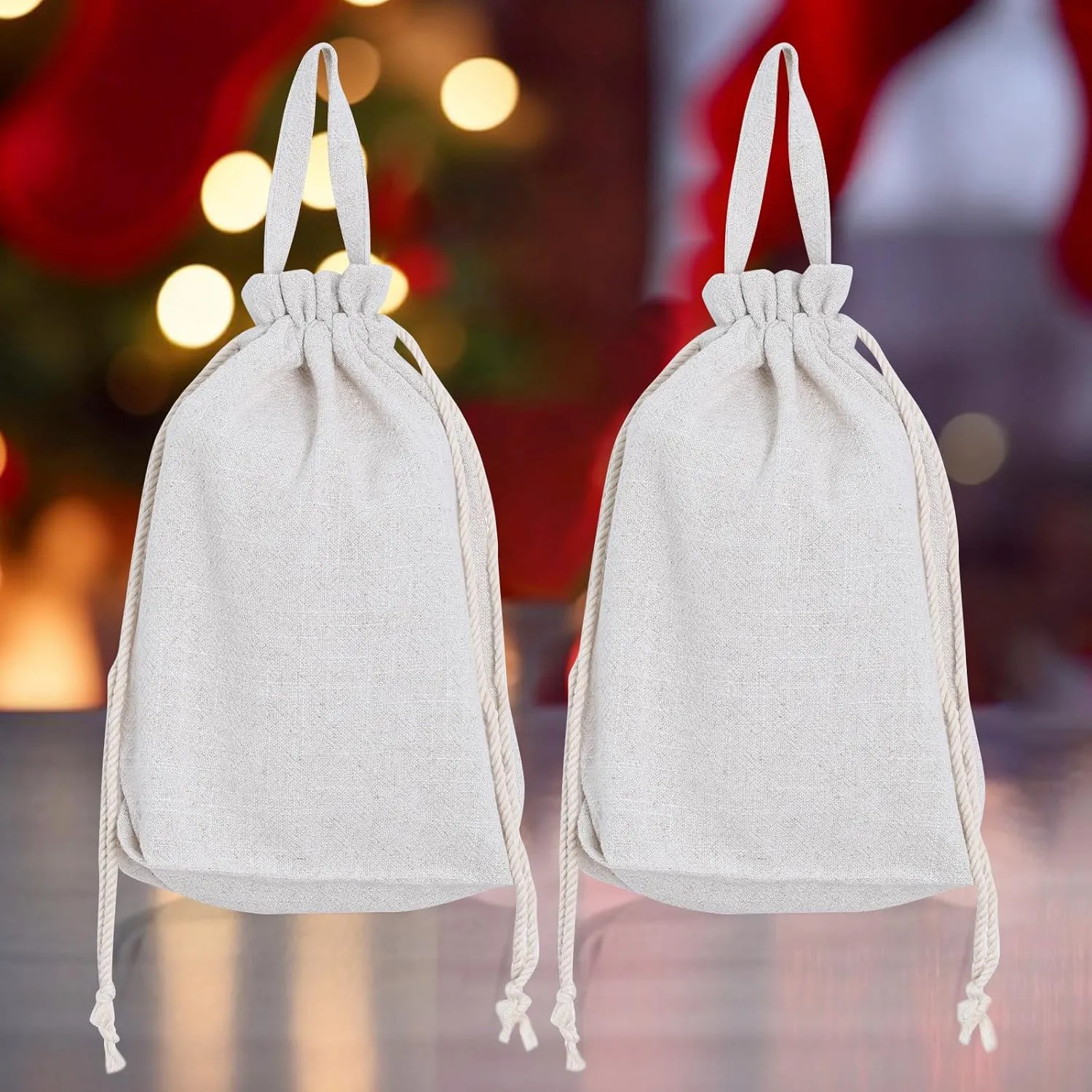 HSOFTIFY 2 Pcs Drawstring Gift Bags with Handle 13x9.8 Inches Reusable Fabric Cloth Presents Sacks for Birthday, Wedding, Anniversary, Party, Christmas (Linen)