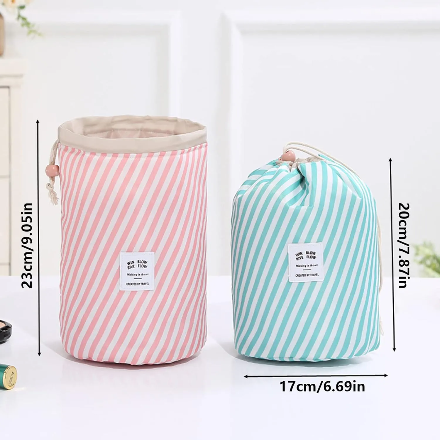 INVODA Cosmetic Bag for Women Portable Makeup Organizer Bag Large Drawstring Makeup Bags Multifunctional Cosmetic Travel Bag Foldable Waterproof Barrel Toiletry Bag (Stripe Gieen)