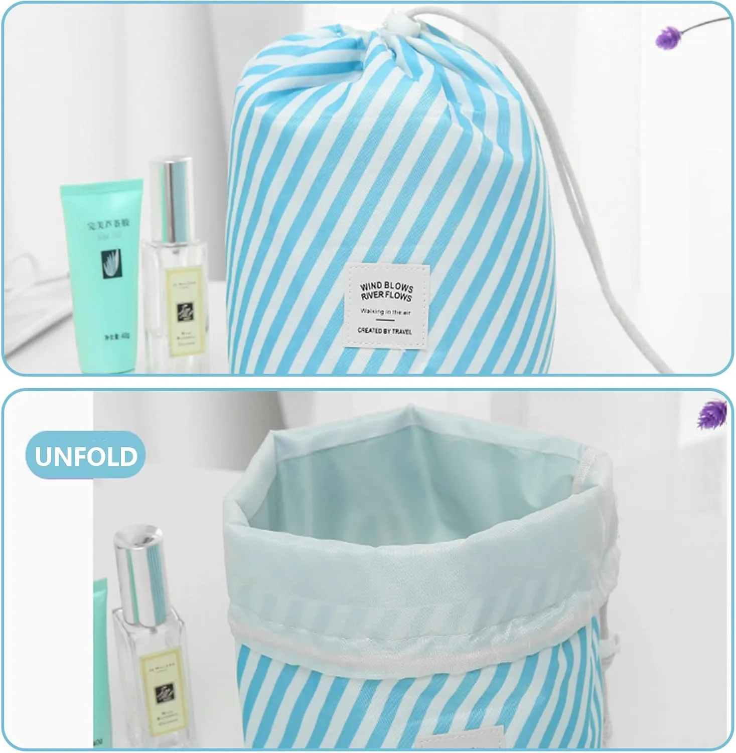 INVODA Cosmetic Bag for Women Portable Makeup Organizer Bag Large Drawstring Makeup Bags Multifunctional Cosmetic Travel Bag Foldable Waterproof Barrel Toiletry Bag (Stripe Gieen)