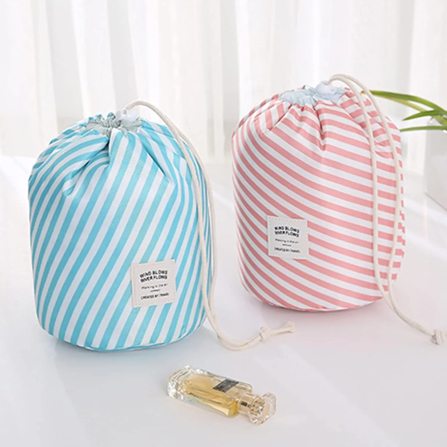 INVODA Cosmetic Bag for Women Portable Makeup Organizer Bag Large Drawstring Makeup Bags Multifunctional Cosmetic Travel Bag Foldable Waterproof Barrel Toiletry Bag (Stripe Gieen)