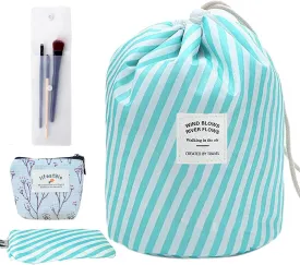 INVODA Cosmetic Bag for Women Portable Makeup Organizer Bag Large Drawstring Makeup Bags Multifunctional Cosmetic Travel Bag Foldable Waterproof Barrel Toiletry Bag (Stripe Gieen)