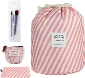 INVODA Cosmetic Bag for Women Portable Makeup Organizer Bag Large Drawstring Makeup Bags Multifunctional Cosmetic Travel Bag Foldable Waterproof Barrel Toiletry Bag (Stripe Pink)