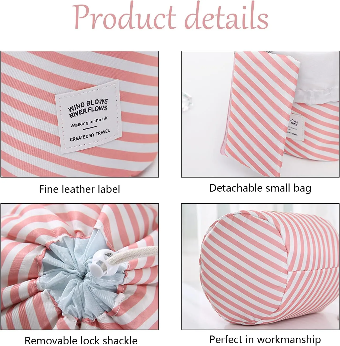 INVODA Cosmetic Bag for Women Portable Makeup Organizer Bag Large Drawstring Makeup Bags Multifunctional Cosmetic Travel Bag Foldable Waterproof Barrel Toiletry Bag (Stripe Pink)