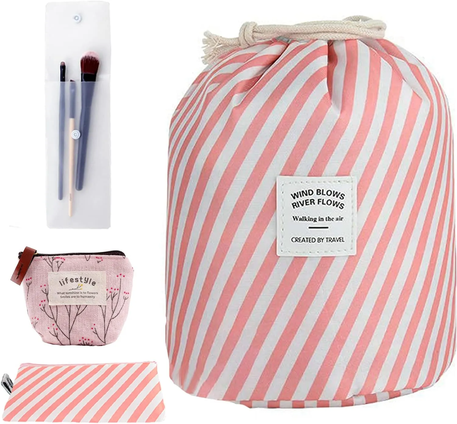 INVODA Cosmetic Bag for Women Portable Makeup Organizer Bag Large Drawstring Makeup Bags Multifunctional Cosmetic Travel Bag Foldable Waterproof Barrel Toiletry Bag (Stripe Pink)