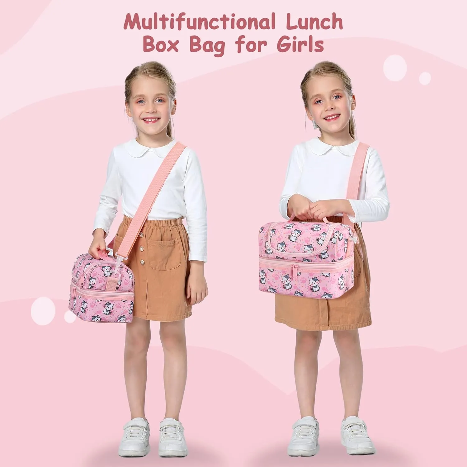 Kasqo Lunch Box Bag for Girls, Insulated Mini Cooler Bag Kids Lunch Tote with Dual Compartments, Pink Cat