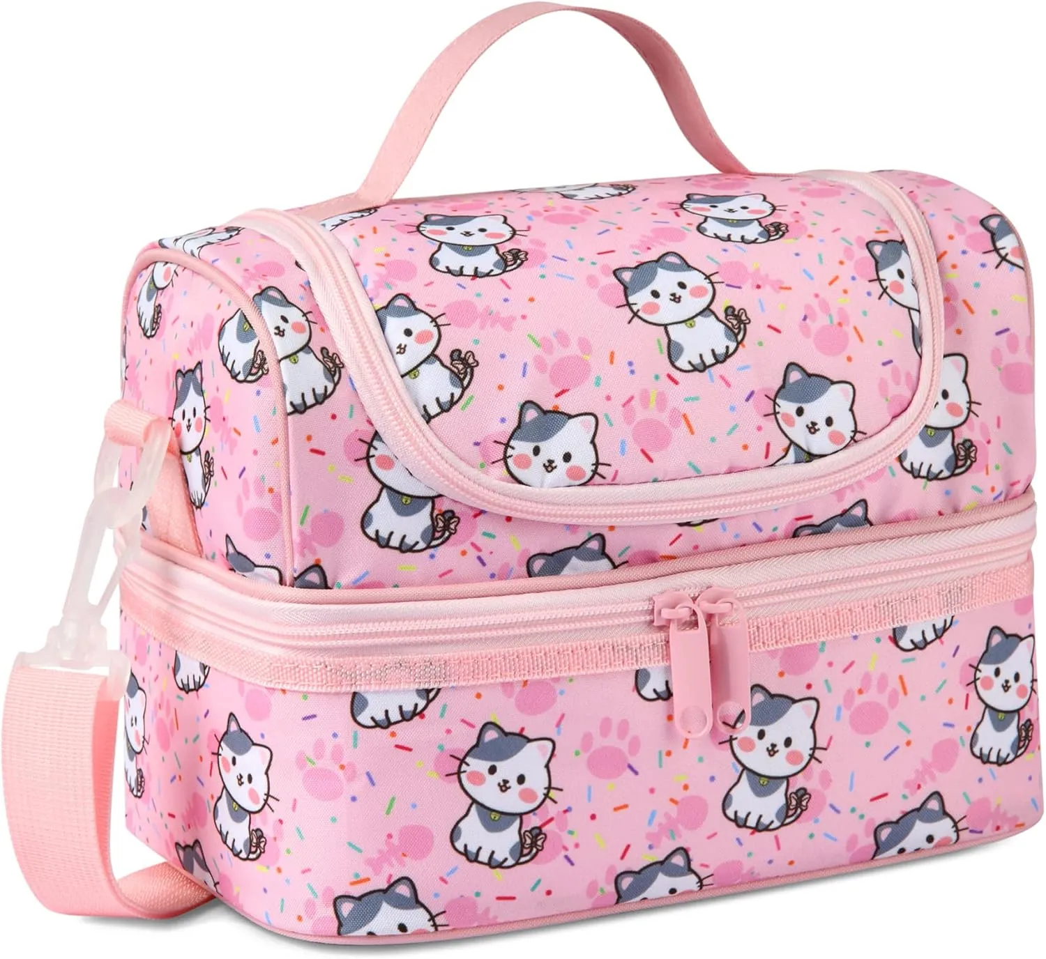 Kasqo Lunch Box Bag for Girls, Insulated Mini Cooler Bag Kids Lunch Tote with Dual Compartments, Pink Cat