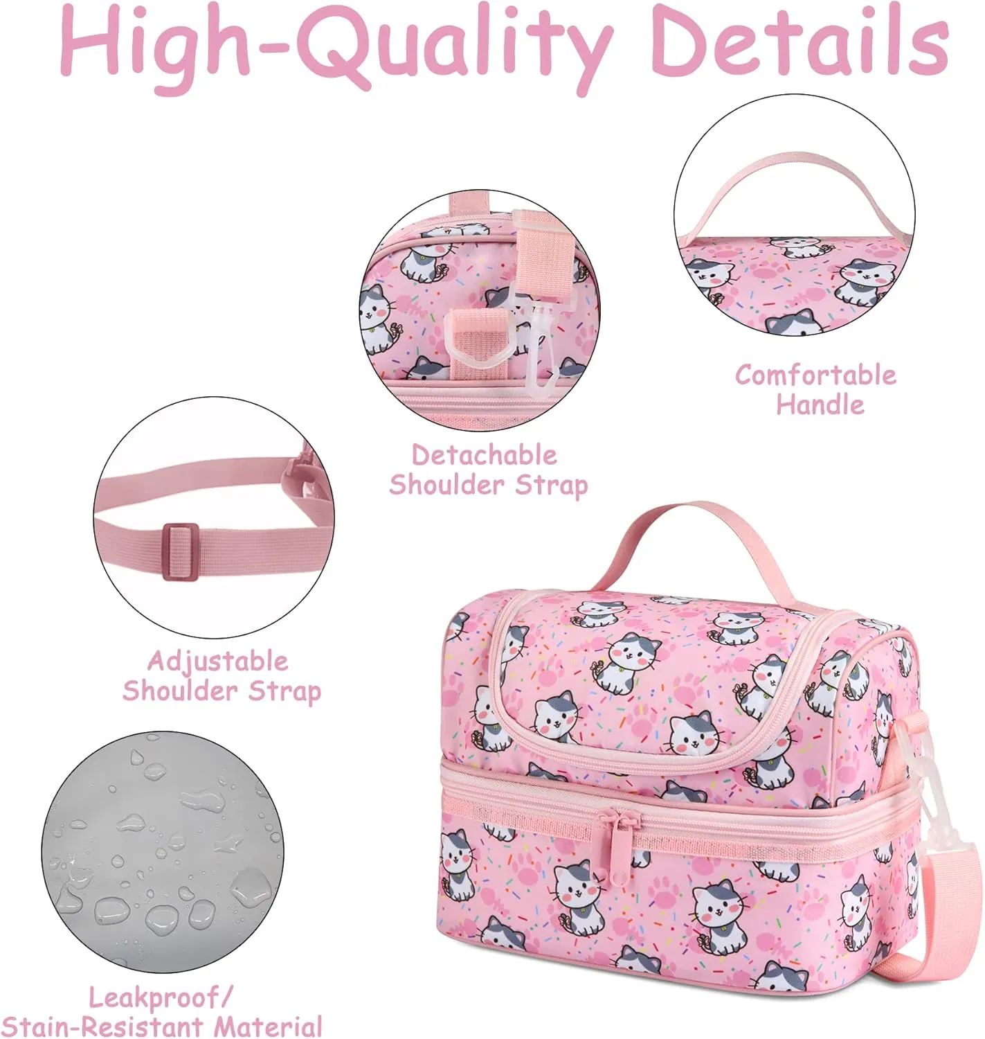 Kasqo Lunch Box Bag for Girls, Insulated Mini Cooler Bag Kids Lunch Tote with Dual Compartments, Pink Cat