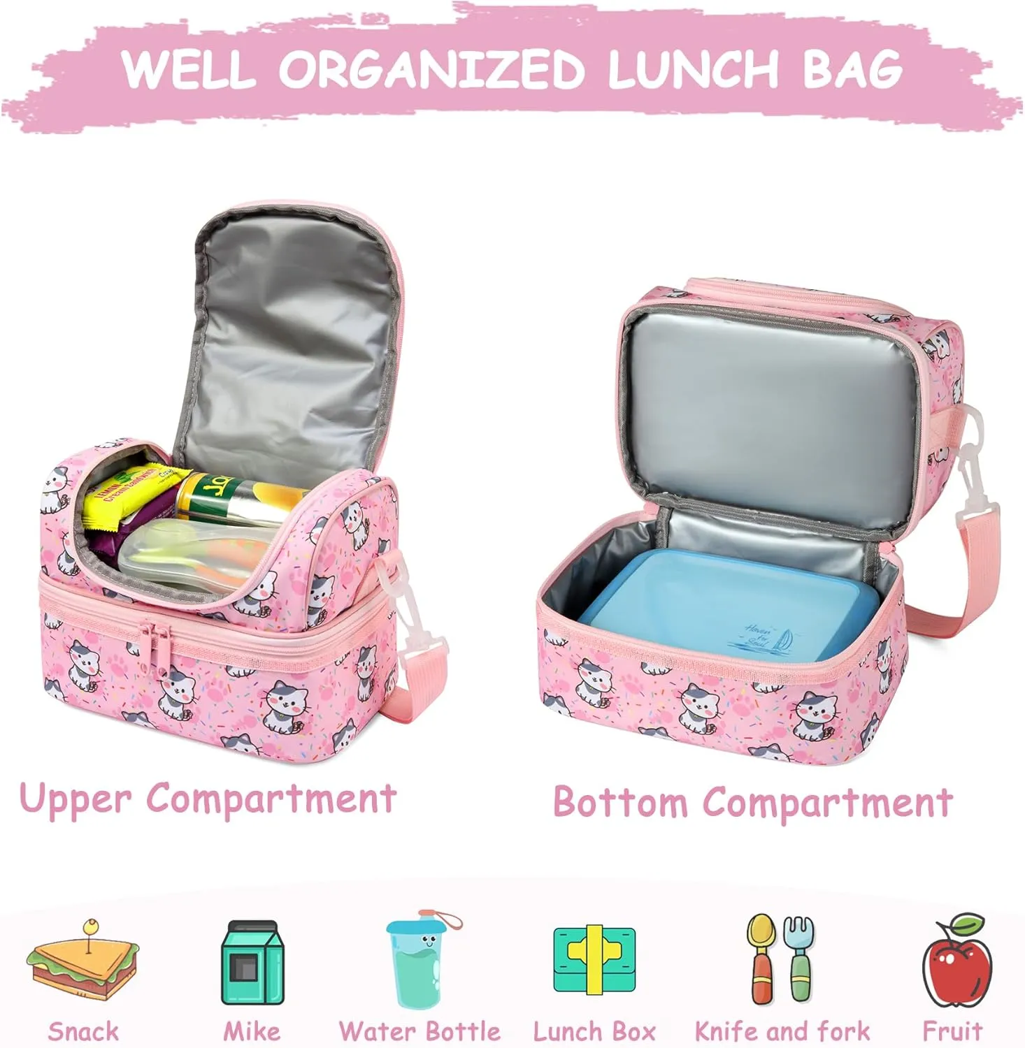 Kasqo Lunch Box Bag for Girls, Insulated Mini Cooler Bag Kids Lunch Tote with Dual Compartments, Pink Cat