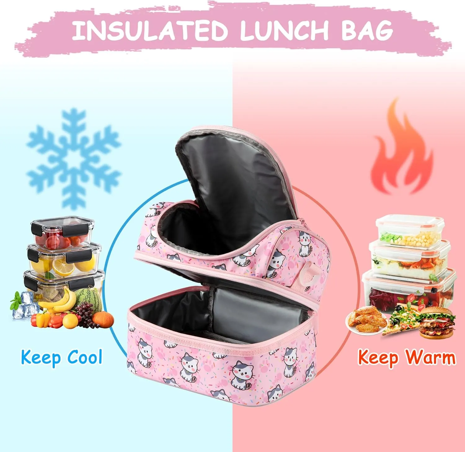 Kasqo Lunch Box Bag for Girls, Insulated Mini Cooler Bag Kids Lunch Tote with Dual Compartments, Pink Cat