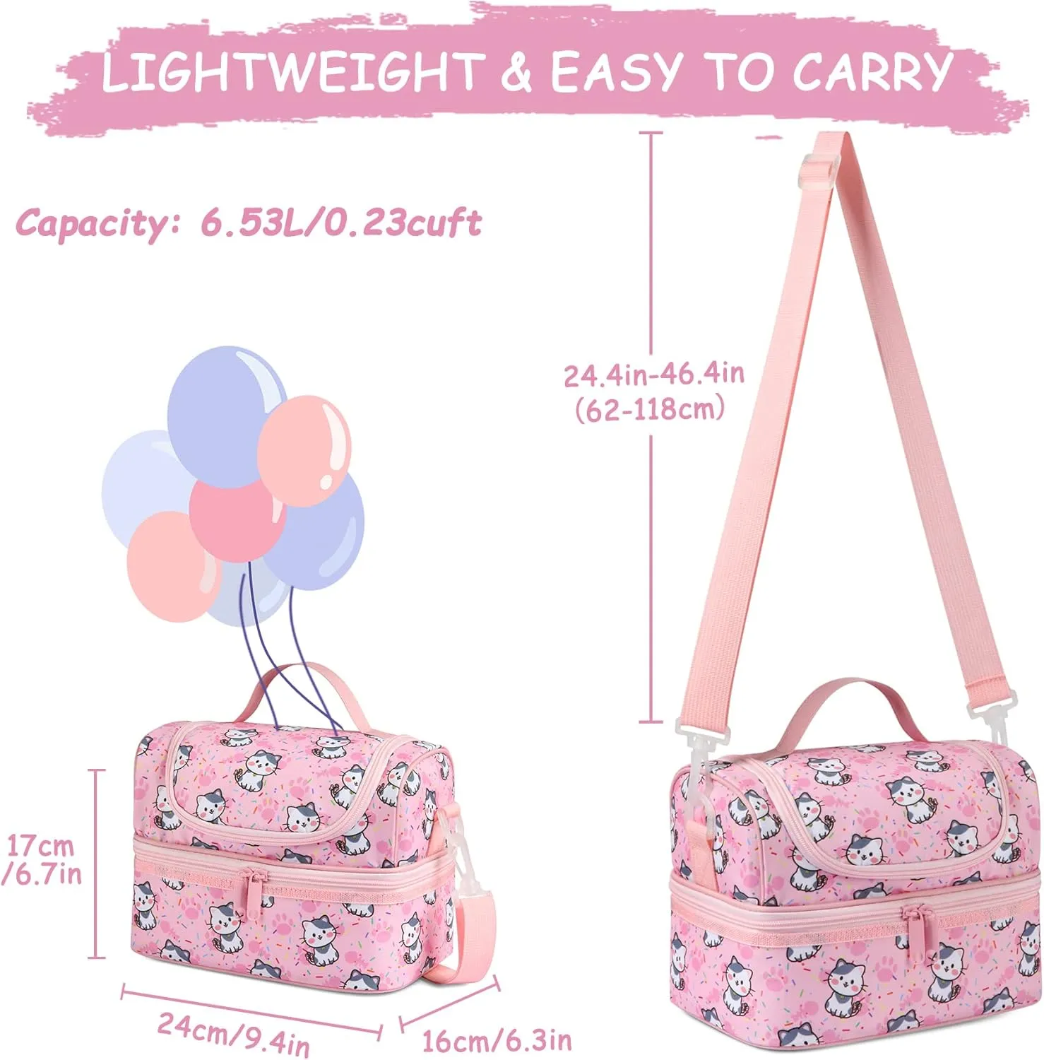 Kasqo Lunch Box Bag for Girls, Insulated Mini Cooler Bag Kids Lunch Tote with Dual Compartments, Pink Cat