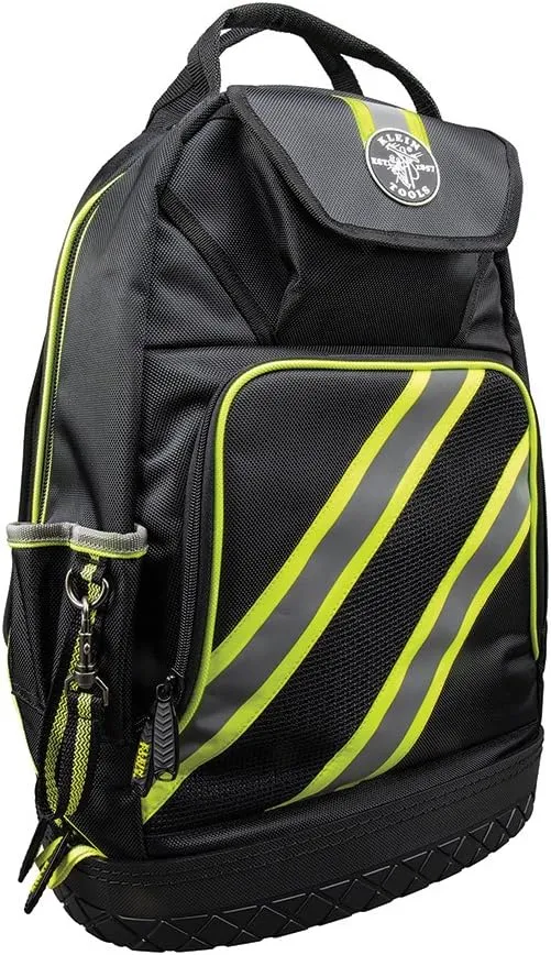Klein Tools 55597 Tool Bag Backpack, Tradesman Pro Tool Organizer with 39 Pockets, Reflective Hi Viz, Padded Shoulder Straps, Molded Base
