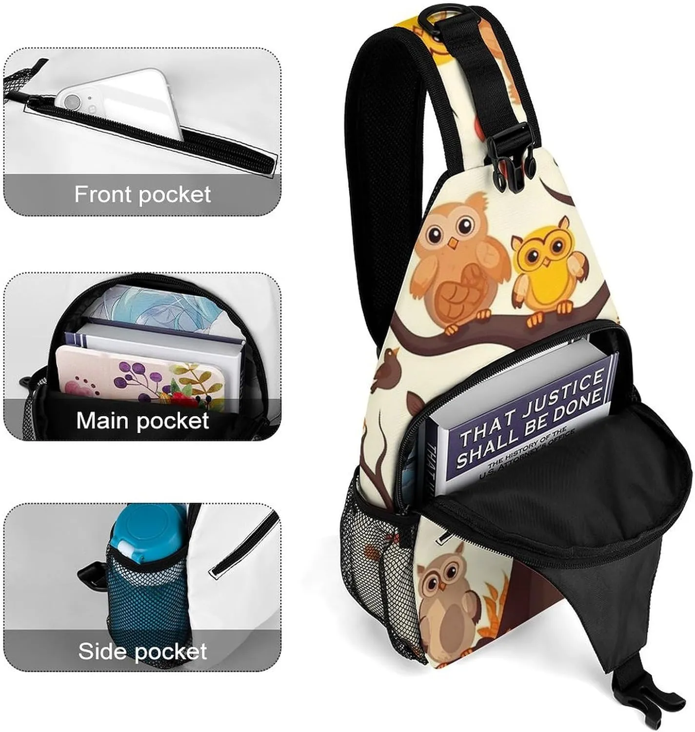 Lightweight Chest Bag Crossbody Bag Cartoon Family Owls On The Brown Tree Sling Backpack for Women Men Sports Travel