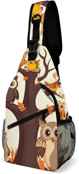 Lightweight Chest Bag Crossbody Bag Cartoon Family Owls On The Brown Tree Sling Backpack for Women Men Sports Travel