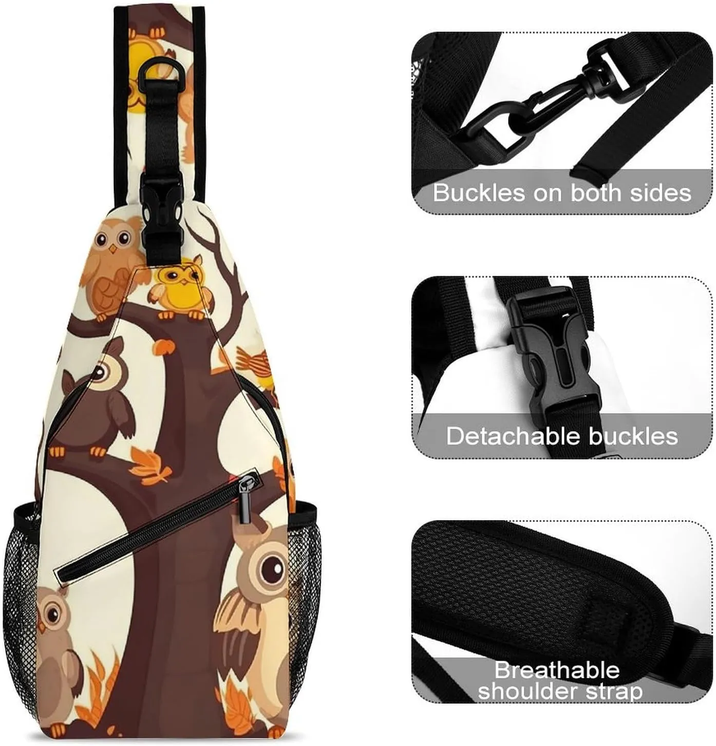 Lightweight Chest Bag Crossbody Bag Cartoon Family Owls On The Brown Tree Sling Backpack for Women Men Sports Travel