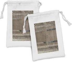 Lunarable Rustic Fabric Pouch Set of 2, Wooden Door Handle Sunlight Old House Entry Weathered Country Cottagecore Print, Small Drawstring Bag for Toiletries Masks and Favors, 9" x 6", Umber and Cocoa