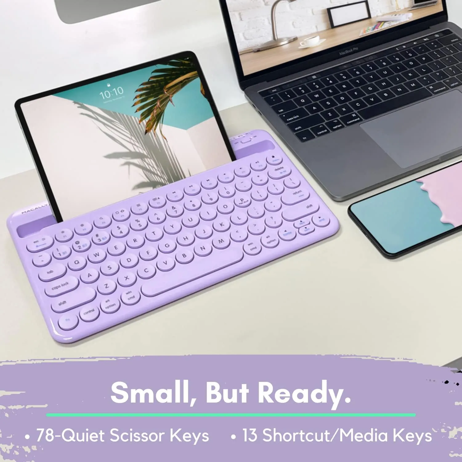 Macally Small Wireless Bluetooth Keyboard for iPad mini/Air/Pro, iPhone, Tablet, and Phone - 78 Key iPad Keyboard with Built-in Stand - Universal Compatible Multi Device - Purple