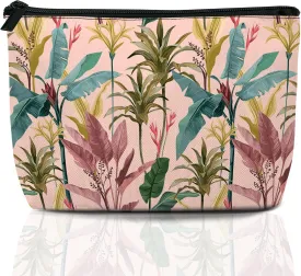 Makeup Bag Banana Leaves Cosmetic Bags for Women Mini Portable Tropical Flowers Travel Toiletry Bag Organizer Make up Brushes Aesthetic Accessories Waterproof Storage Bags