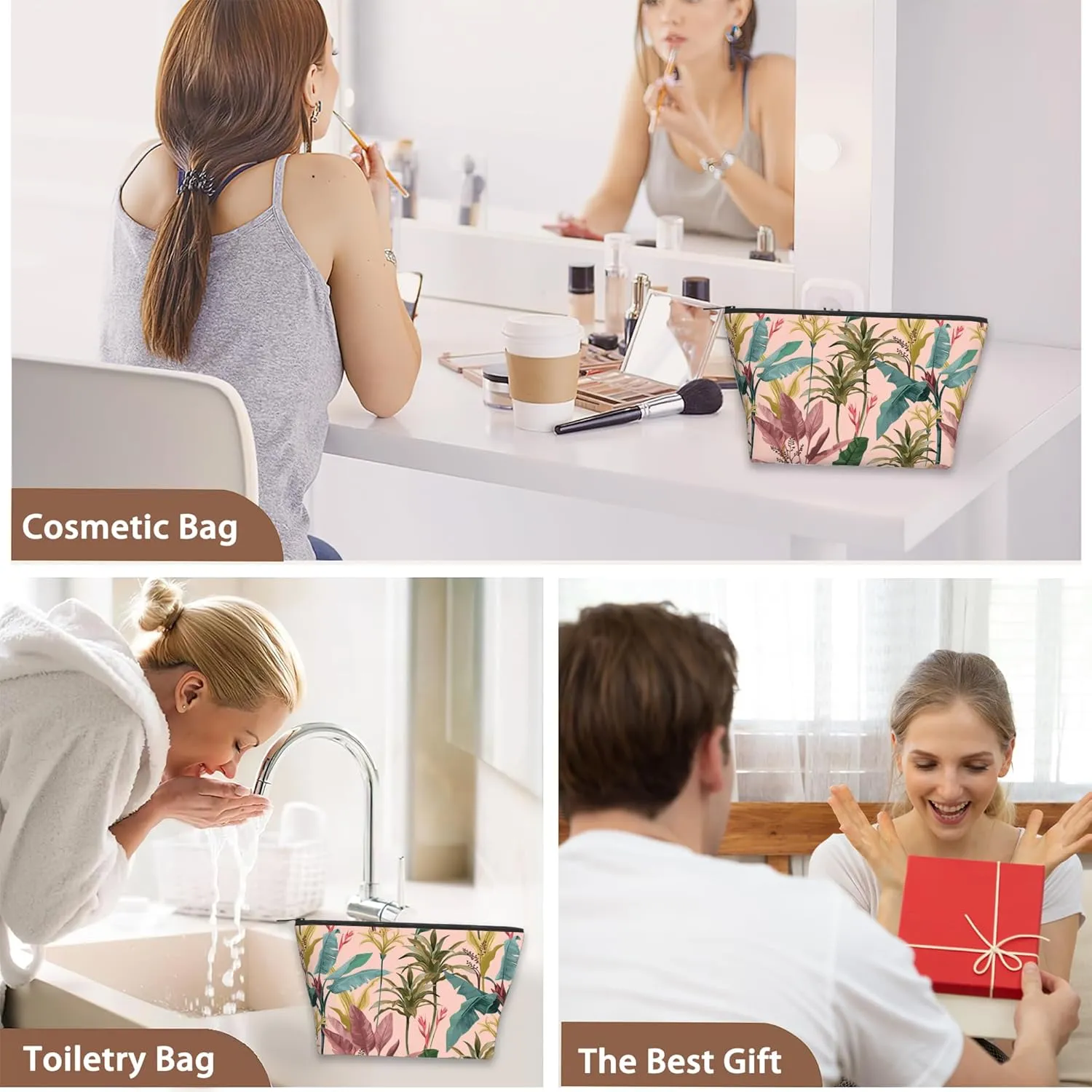 Makeup Bag Banana Leaves Cosmetic Bags for Women Mini Portable Tropical Flowers Travel Toiletry Bag Organizer Make up Brushes Aesthetic Accessories Waterproof Storage Bags