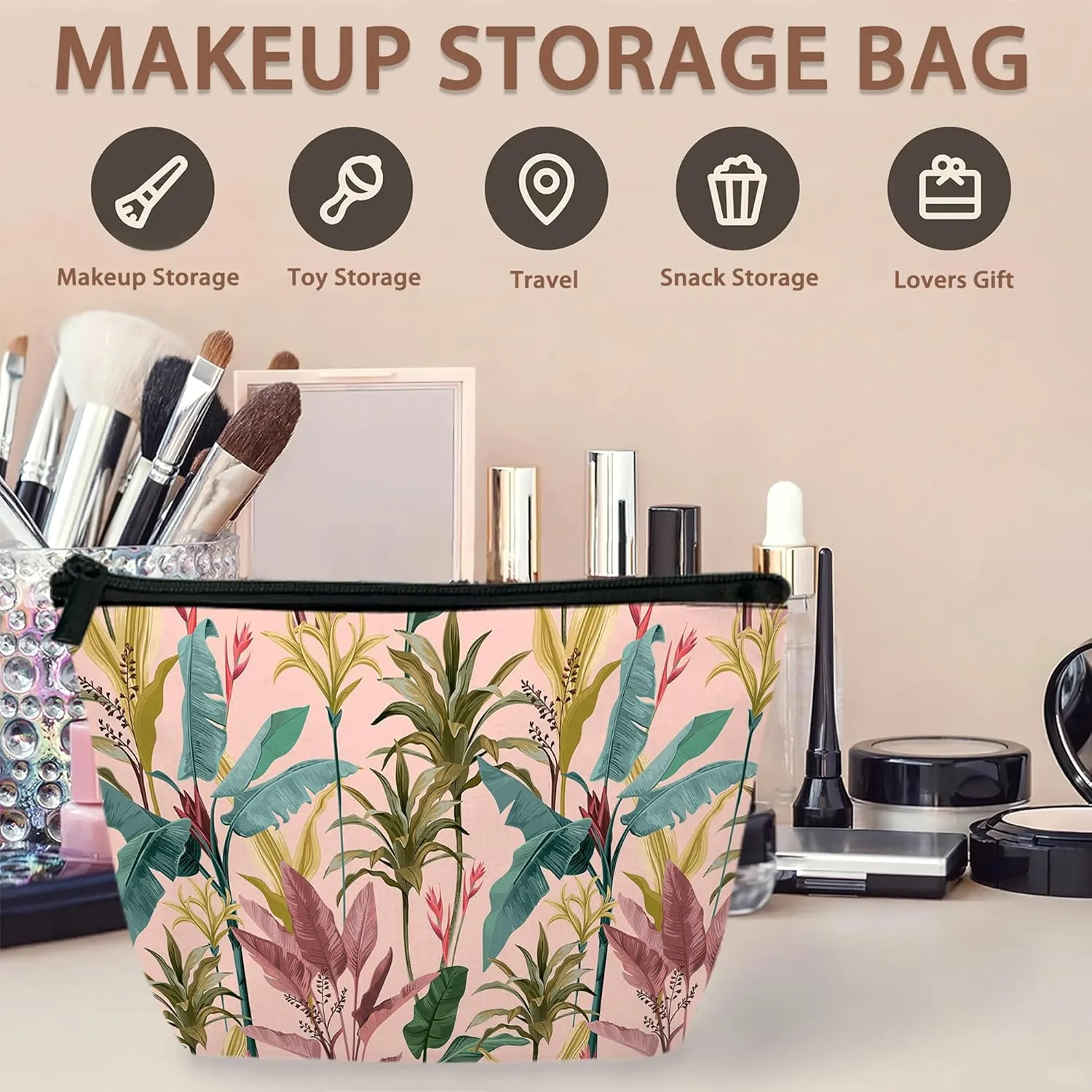 Makeup Bag Banana Leaves Cosmetic Bags for Women Mini Portable Tropical Flowers Travel Toiletry Bag Organizer Make up Brushes Aesthetic Accessories Waterproof Storage Bags