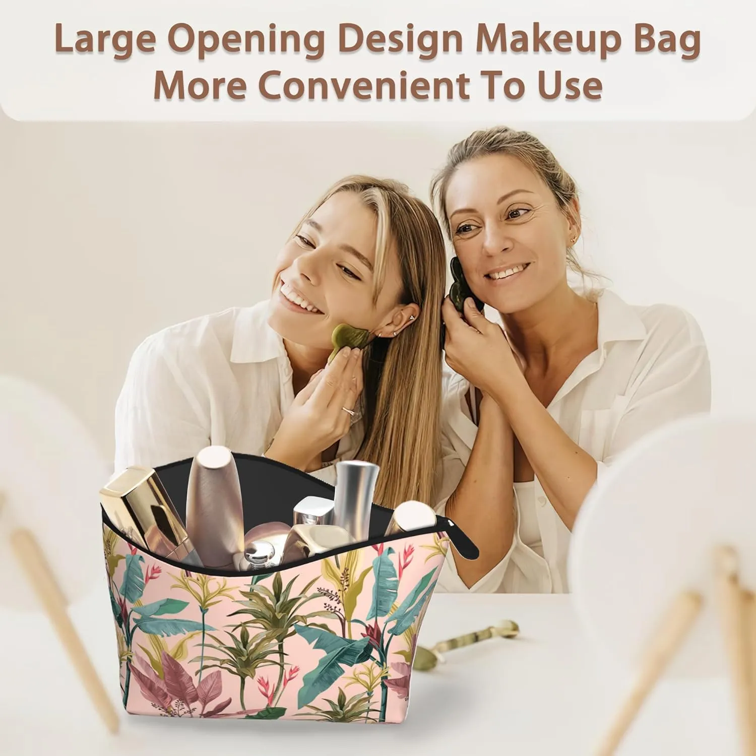 Makeup Bag Banana Leaves Cosmetic Bags for Women Mini Portable Tropical Flowers Travel Toiletry Bag Organizer Make up Brushes Aesthetic Accessories Waterproof Storage Bags