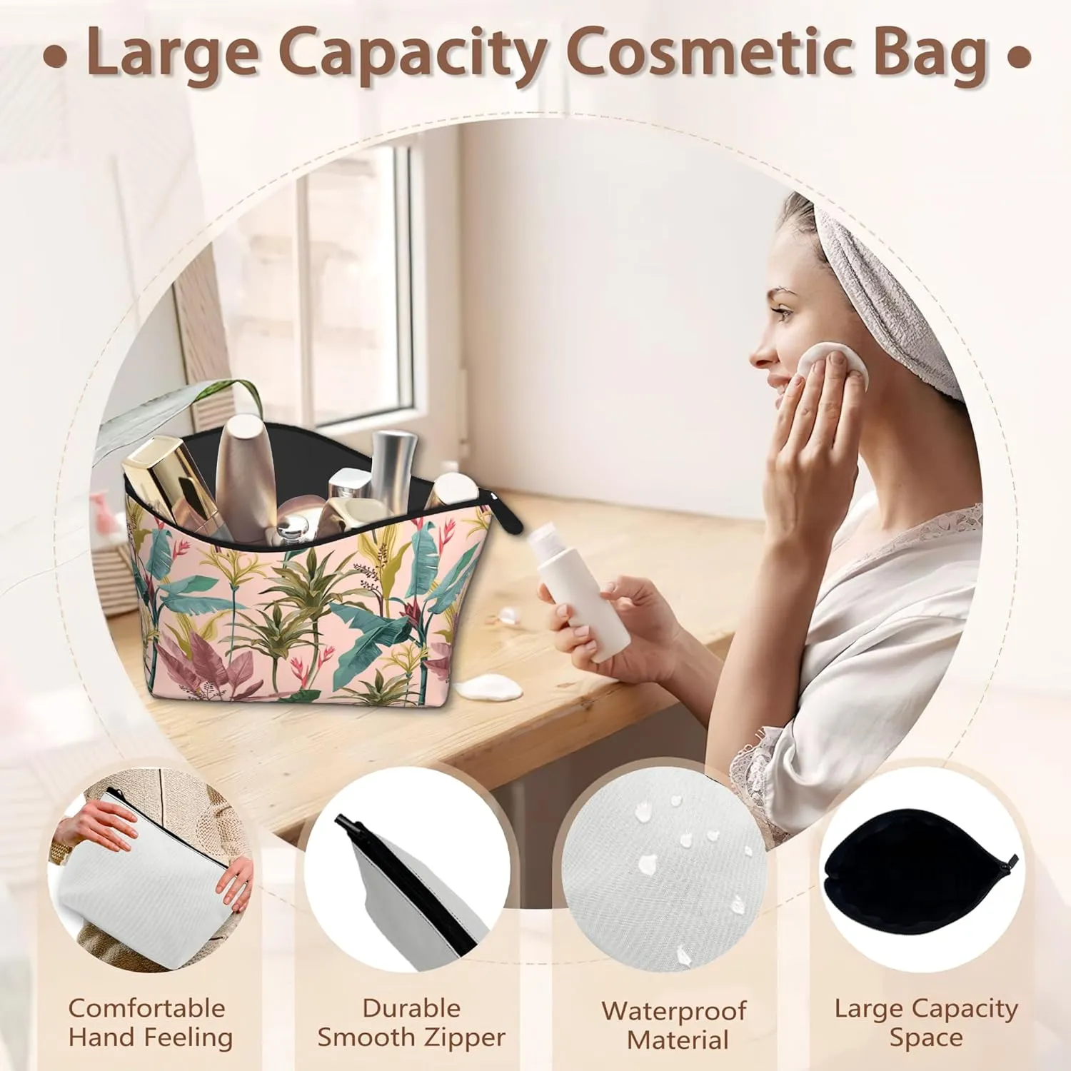 Makeup Bag Banana Leaves Cosmetic Bags for Women Mini Portable Tropical Flowers Travel Toiletry Bag Organizer Make up Brushes Aesthetic Accessories Waterproof Storage Bags