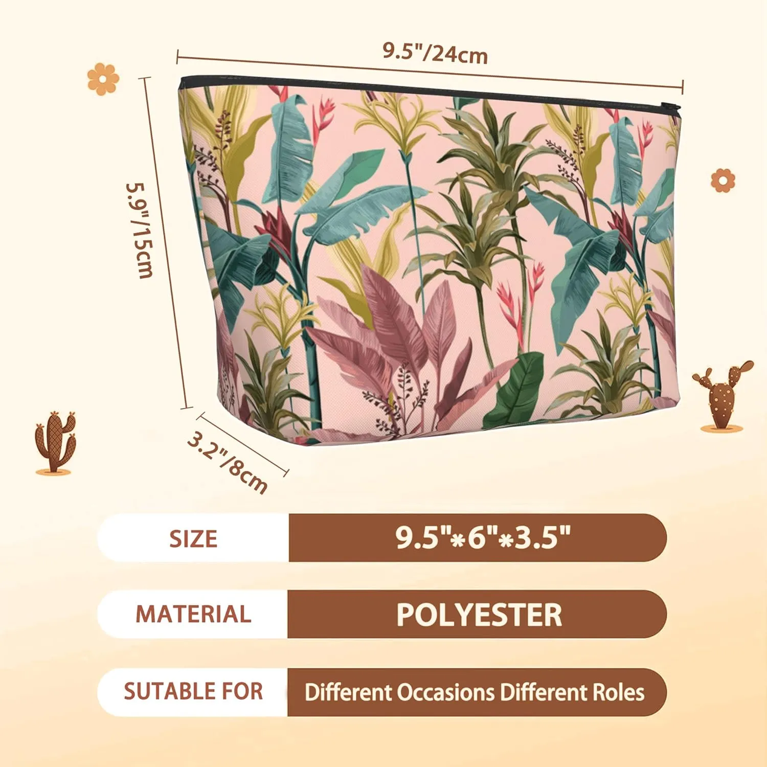 Makeup Bag Banana Leaves Cosmetic Bags for Women Mini Portable Tropical Flowers Travel Toiletry Bag Organizer Make up Brushes Aesthetic Accessories Waterproof Storage Bags