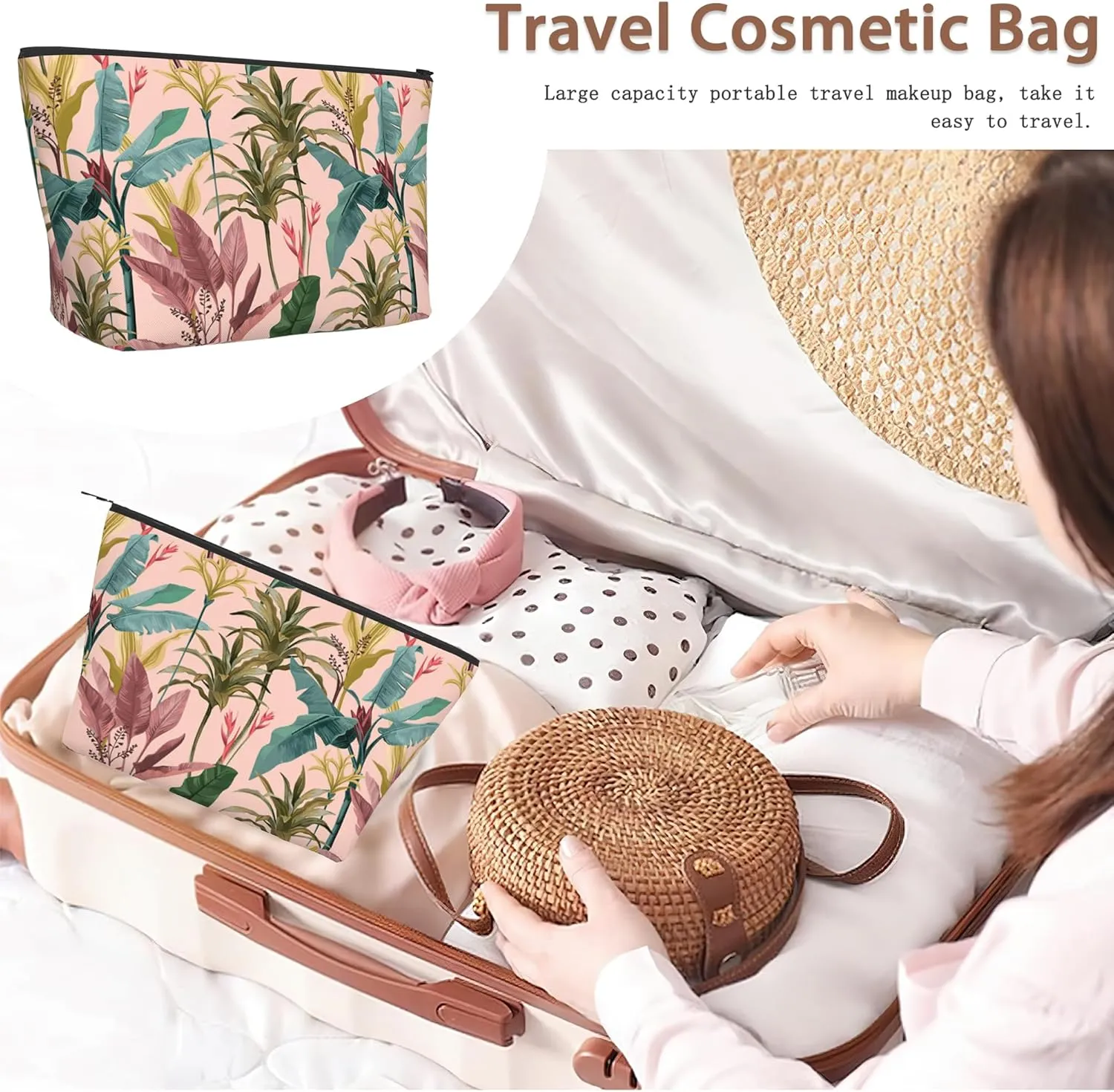 Makeup Bag Banana Leaves Cosmetic Bags for Women Mini Portable Tropical Flowers Travel Toiletry Bag Organizer Make up Brushes Aesthetic Accessories Waterproof Storage Bags
