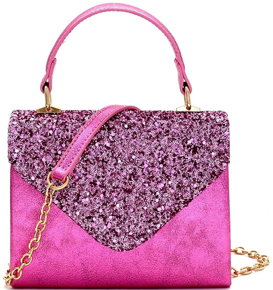 Mini Retro Glitter Rose Gold Box Flap leather Satchel Crossbody Handbag