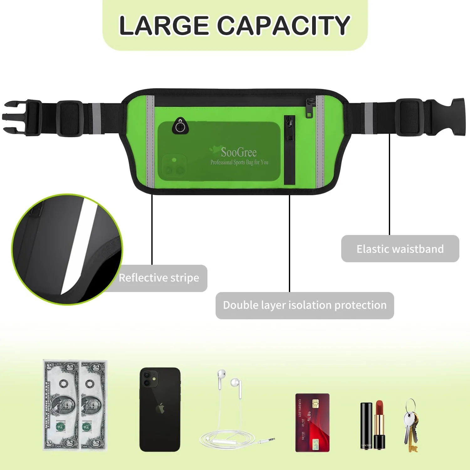 ooGree Fanny Packs for Women Men Slim Running Belt Waist Pack Runners Bag Waterproof Money Belt Phone Holder for Sports Hiking Traveling Walking Reflective Strip Adjustable Strap