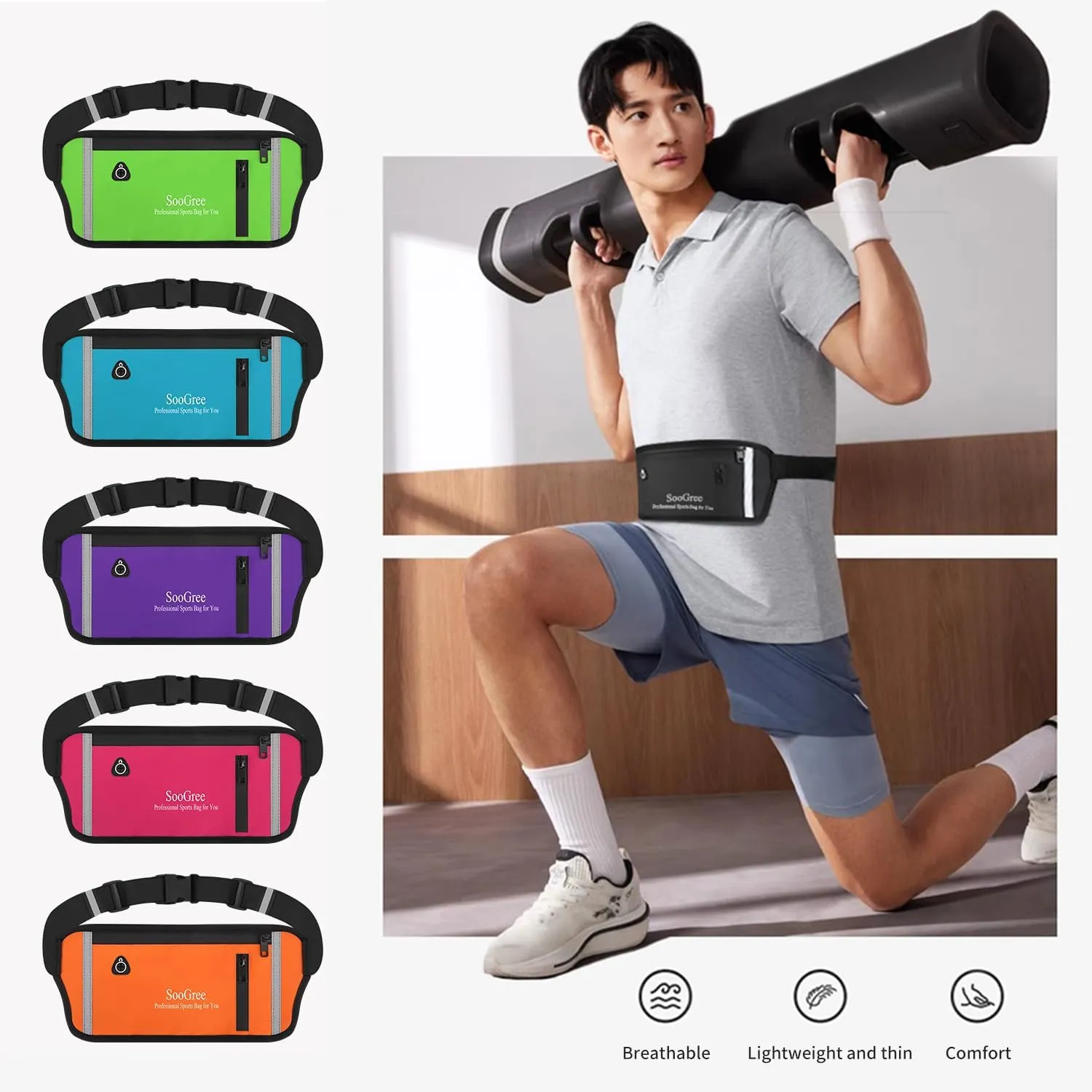 ooGree Fanny Packs for Women Men Slim Running Belt Waist Pack Runners Bag Waterproof Money Belt Phone Holder for Sports Hiking Traveling Walking Reflective Strip Adjustable Strap
