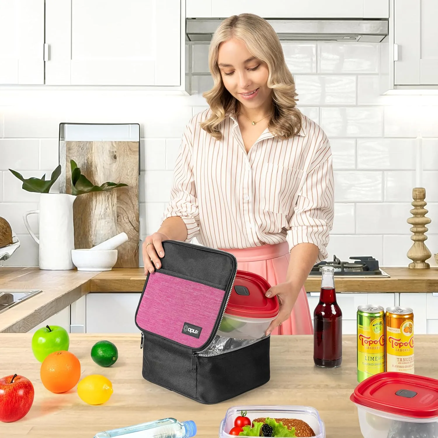 opux Insulated Lunch Bag Kids, Lunch Box for School Boy Girl, Leakproof Small Reusable Compact Soft Mini Cooler Bag, Toddler Small Lunch Boxes Kit Pail with Front Side Pockets (Pink)