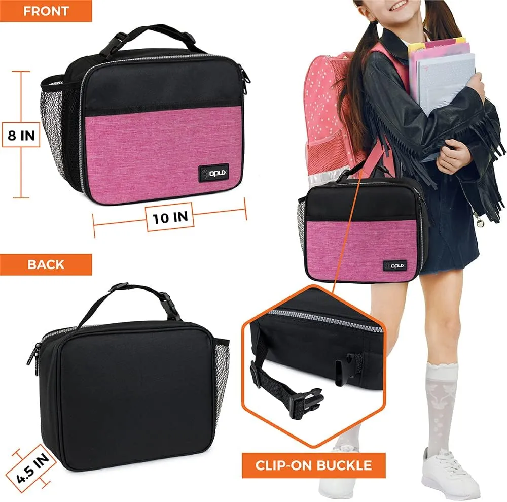 opux Insulated Lunch Bag Kids, Lunch Box for School Boy Girl, Leakproof Small Reusable Compact Soft Mini Cooler Bag, Toddler Small Lunch Boxes Kit Pail with Front Side Pockets (Pink)