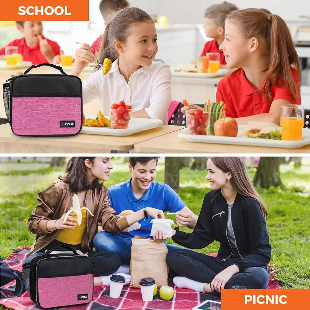 opux Insulated Lunch Bag Kids, Lunch Box for School Boy Girl, Leakproof Small Reusable Compact Soft Mini Cooler Bag, Toddler Small Lunch Boxes Kit Pail with Front Side Pockets (Pink)