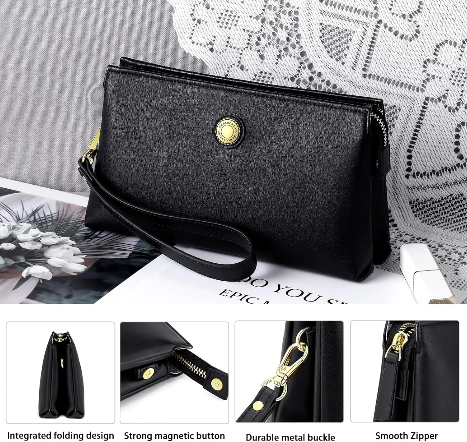 Peacocktion Wristlet Clutch Purses for Women, Leather RFID Wristlet Wallets for Women with Zipper, Travel Purse