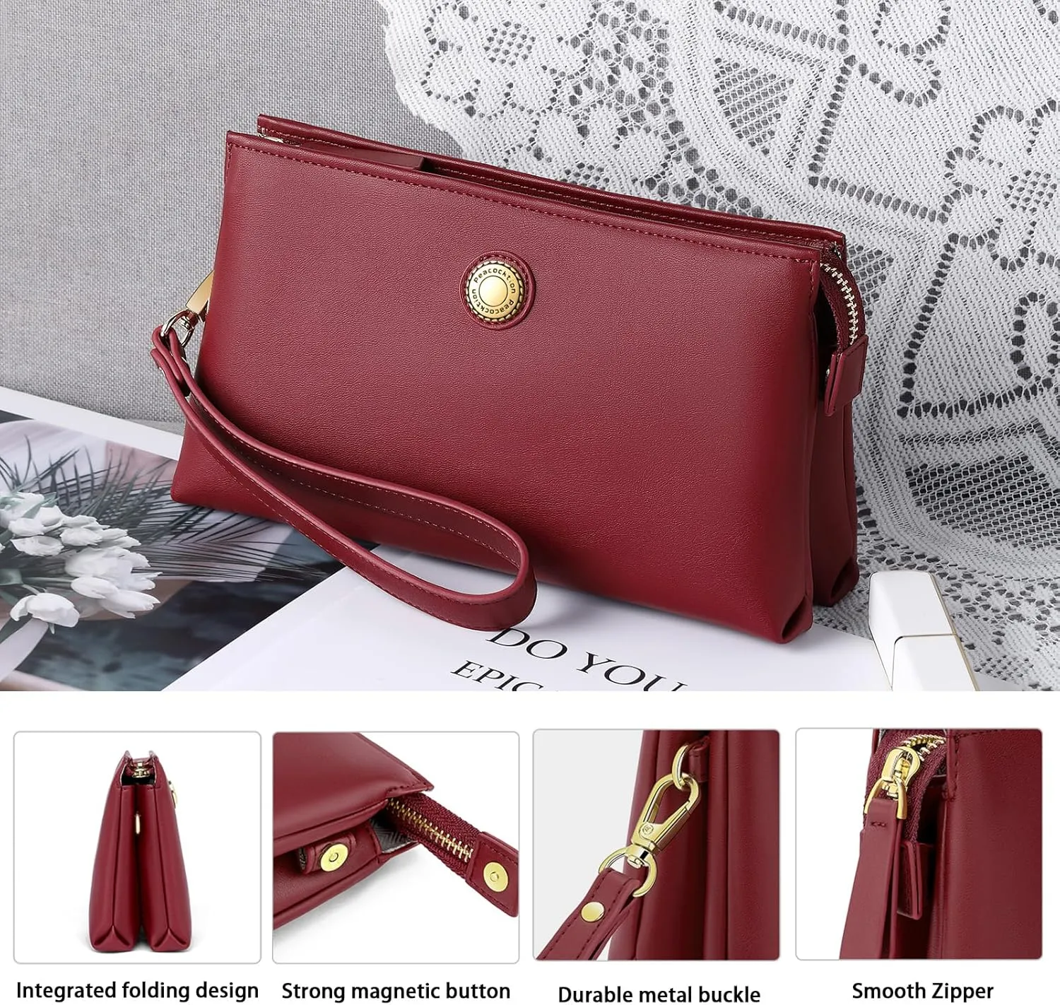 Peacocktion Wristlet Clutch Purses for Women, Leather RFID Wristlet Wallets for Women with Zipper, Travel Purse