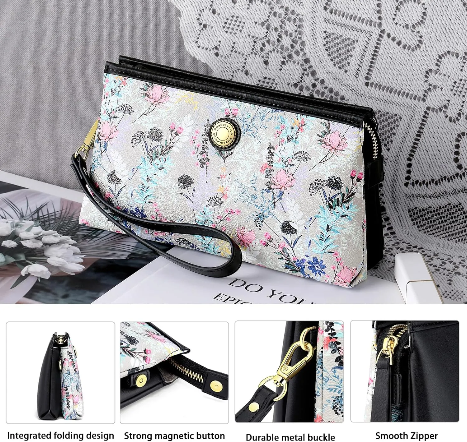 Peacocktion Wristlet Clutch Purses for Women, Leather RFID Wristlet Wallets for Women with Zipper, Travel Purse