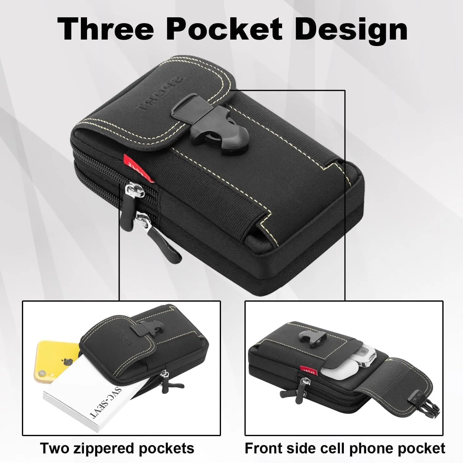 Phone Holster with 2 Zippered Pouce Phone Holder for Belt Men for iPhone for Samsung Belt Pouches Belt Bag for Men Black (Black)