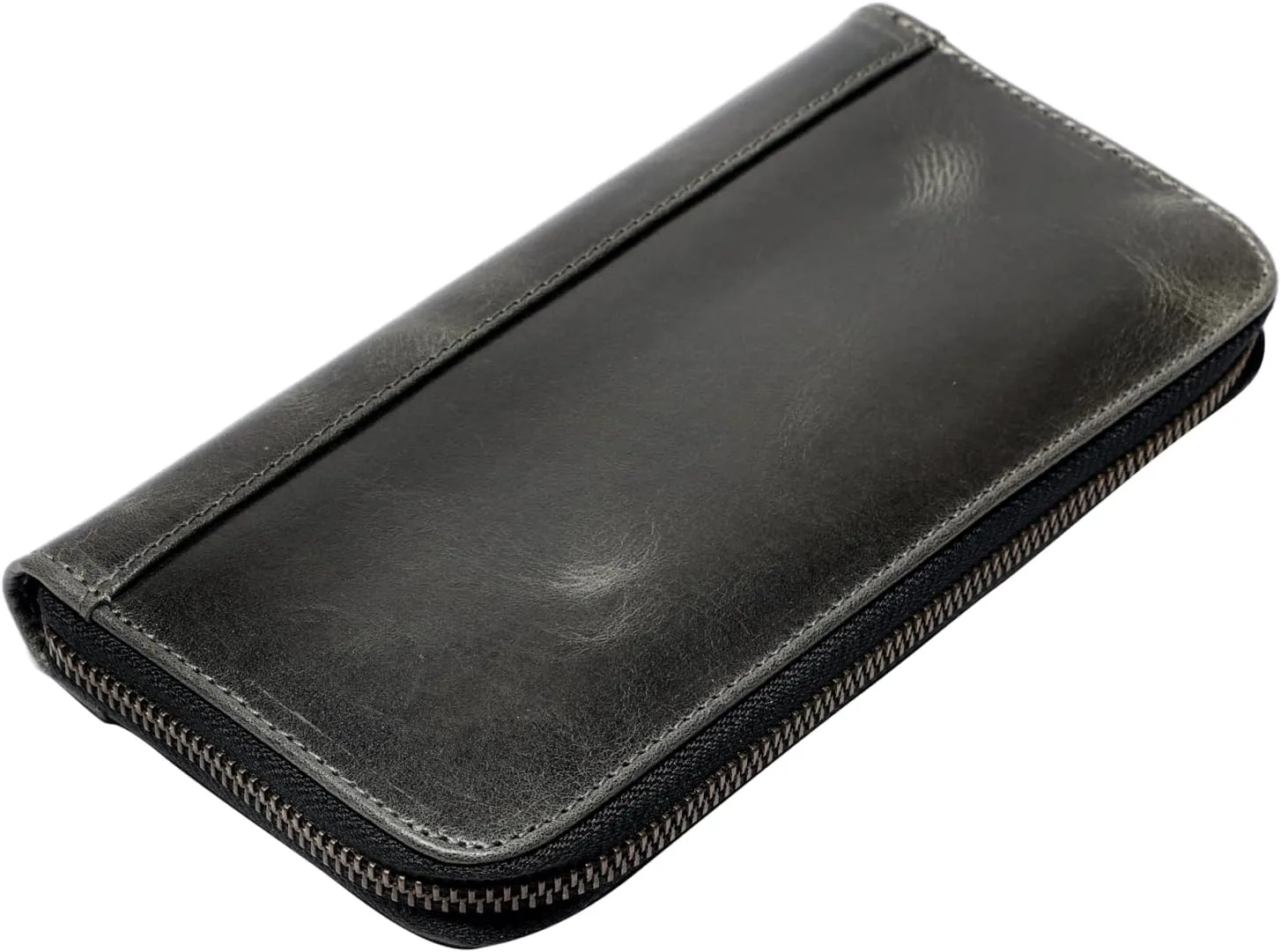Premium Distress Leather Women RFID Blocking Leather Wallet/Clutch with Zipper Around (DISTRESS BLACK)