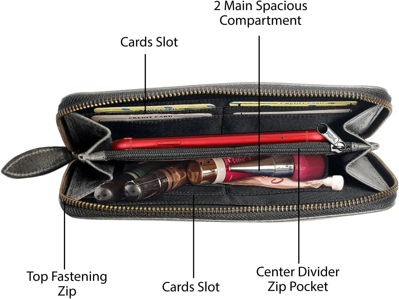 Premium Distress Leather Women RFID Blocking Leather Wallet/Clutch with Zipper Around (DISTRESS BLACK)