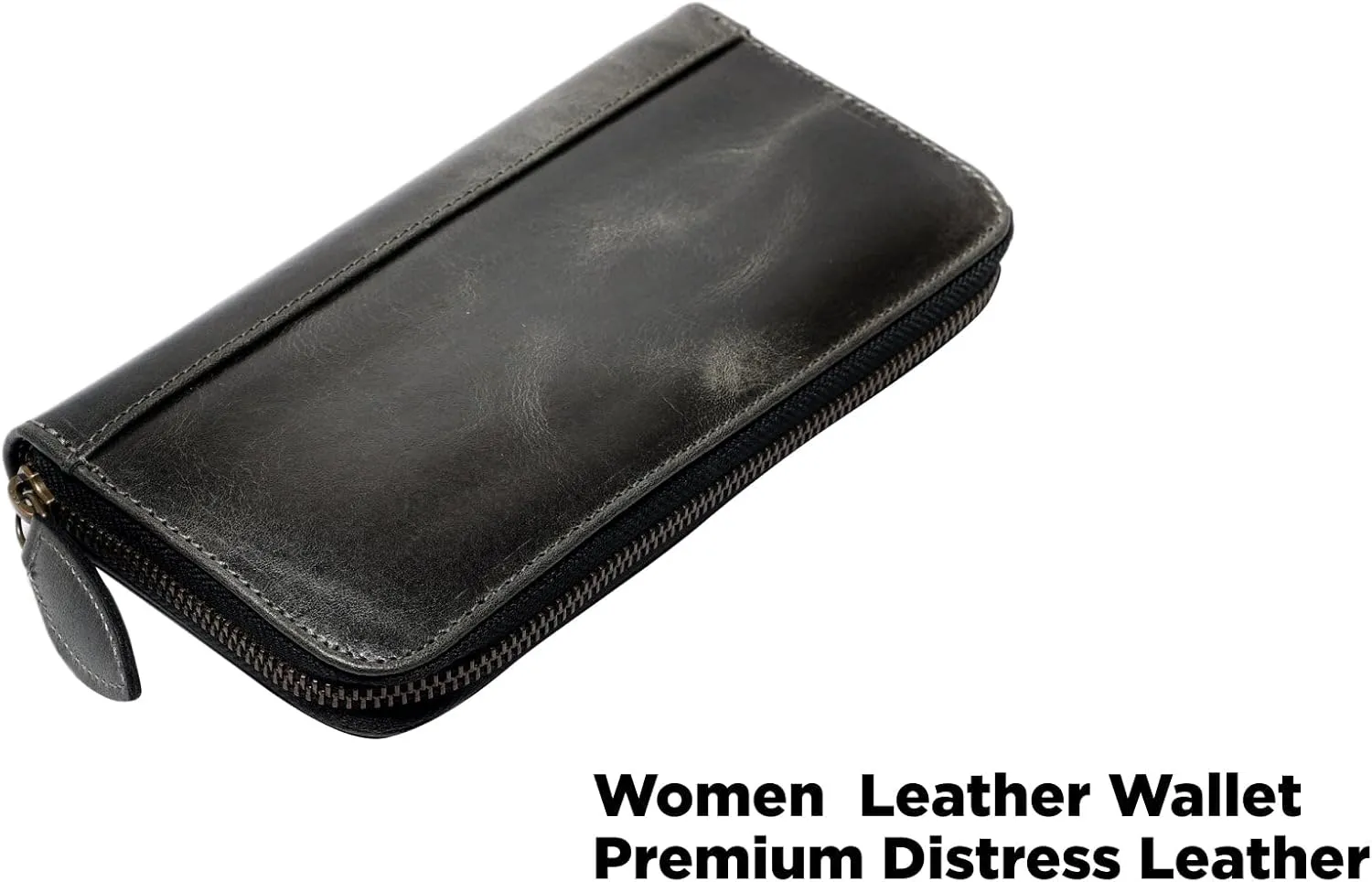 Premium Distress Leather Women RFID Blocking Leather Wallet/Clutch with Zipper Around (DISTRESS BLACK)