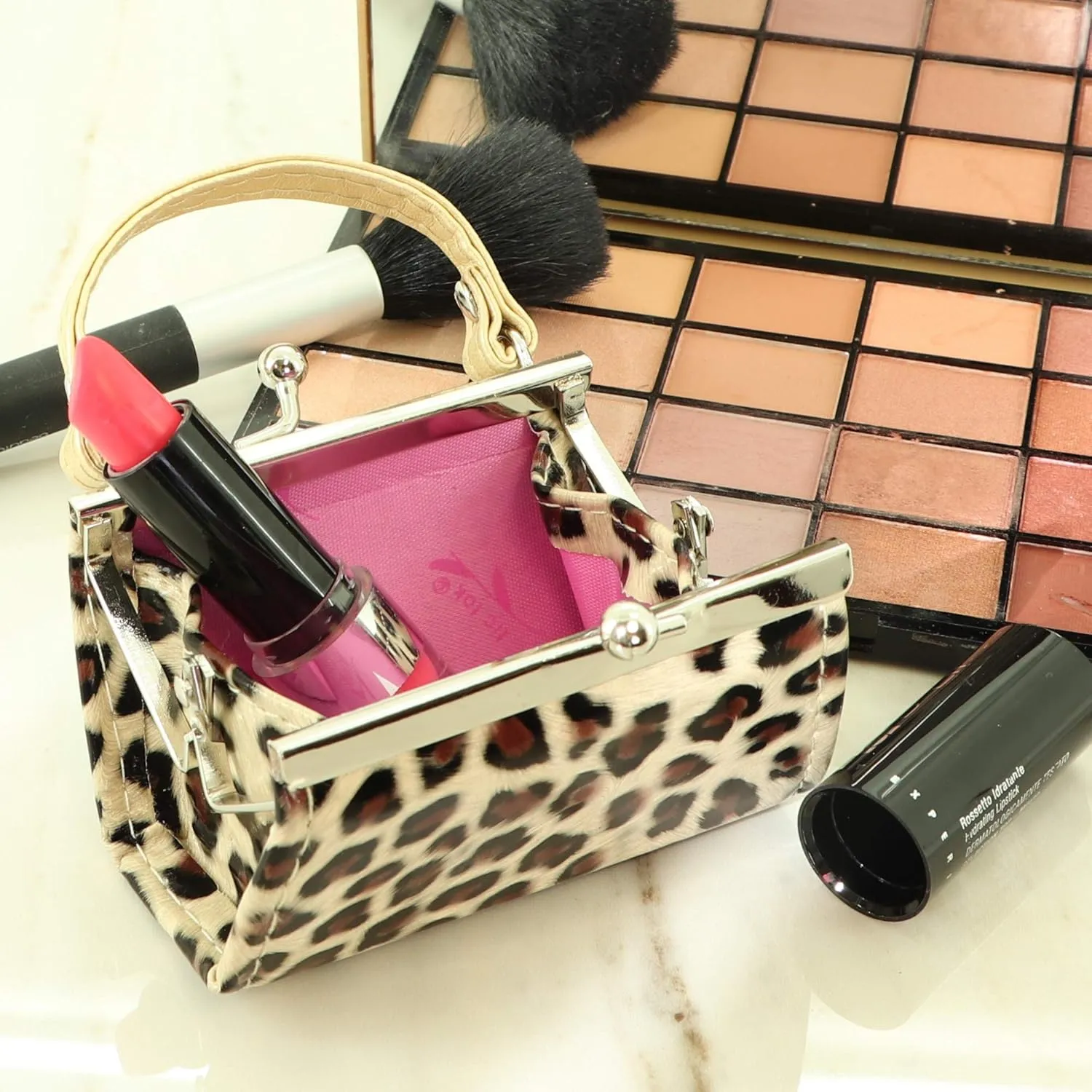 SandT Collection Leopard Colorful Lipstick Case with Handle Mini Purse - Off White