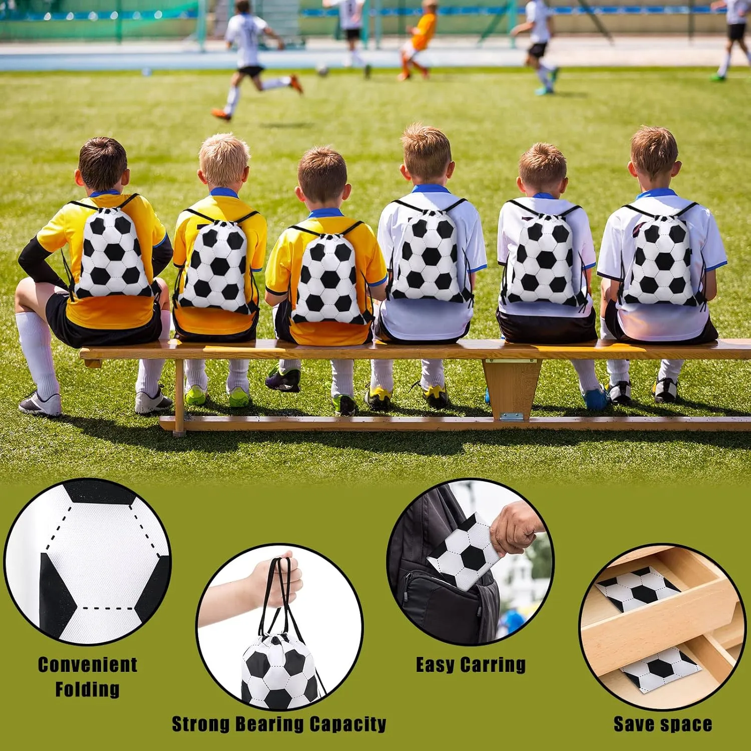 Shappy 12 Pieces Drawstring Bags Bulk Small Sport Goodie Bags Snack Treat Backpack for Ball Birthday Party Favor Team Gifts(Soccer,7 x 10 Inch)
