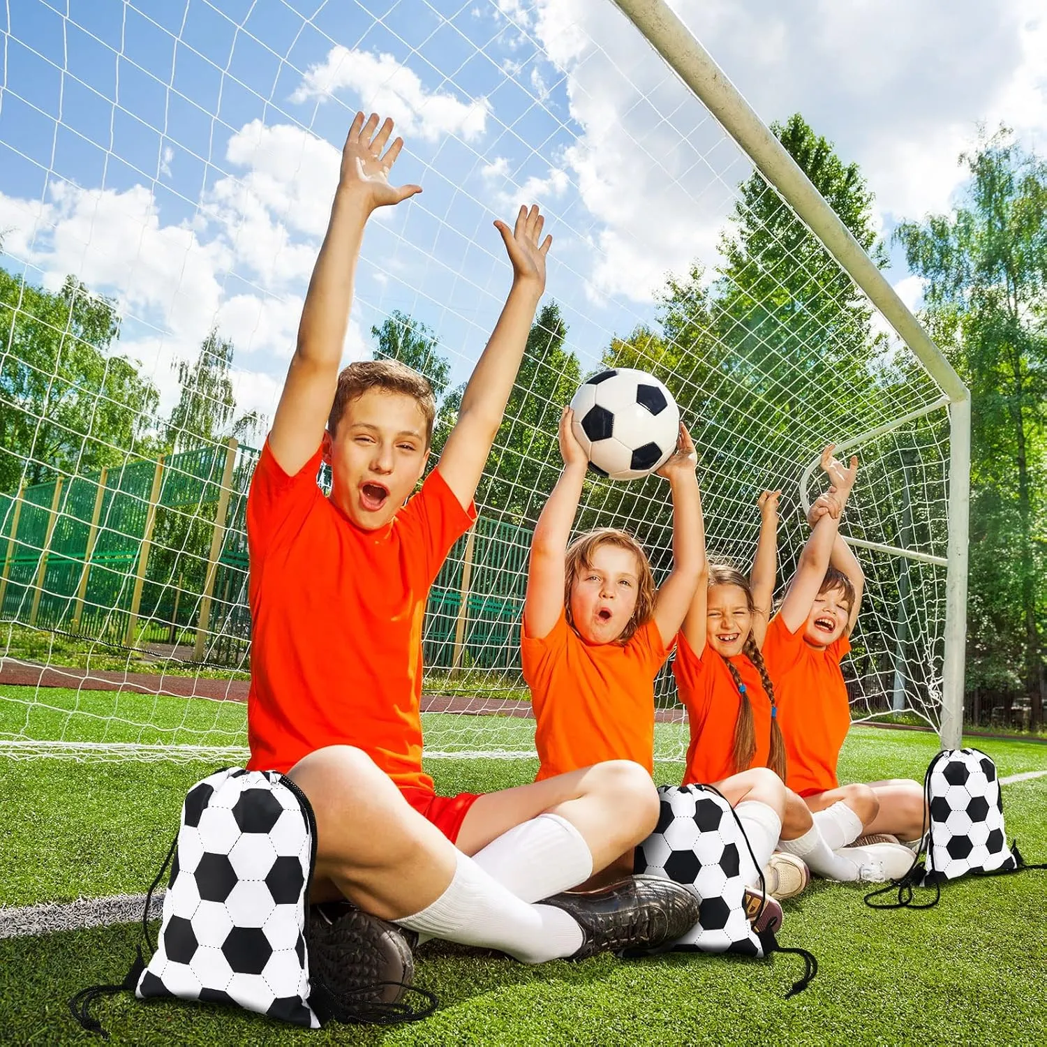 Shappy 12 Pieces Drawstring Bags Bulk Small Sport Goodie Bags Snack Treat Backpack for Ball Birthday Party Favor Team Gifts(Soccer,7 x 10 Inch)